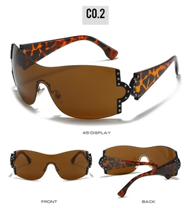 Détails des lunettes de soleil Y2K avec branches léopard et charnières strass