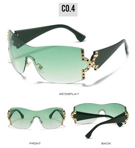 Vues détaillées de lunettes Y2K avec verres dégradés verts et rivets dorés de style