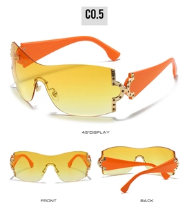 Vues détaillées des lunettes Y2K sans monture avec verres dégradés jaunes et strass
