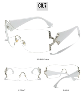 Vues détaillées de lunettes Y2K sans monture avec branches blanches et accents strass