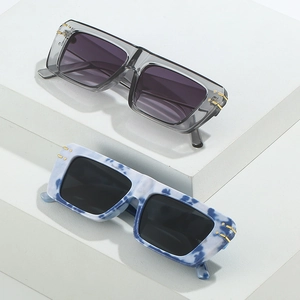 Modern rectangle flat top sunglasses in translucent grey and blue marble patterns