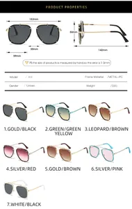 Tableau détaillé des tailles et spécifications pour lunettes de soleil carrées style punk