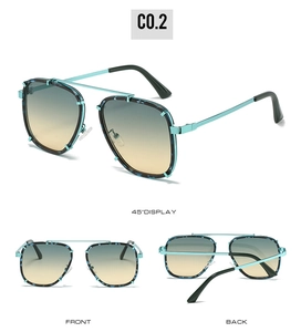 Trois vues de lunettes de soleil punk carrées avec monture marbre bleu et dégradé