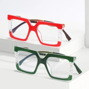 Square oversized anti-blue light glasses frames in red and green with diamond texture