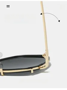 Détail macro des charnières en métal doré sur des lunettes de soleil carrées noires