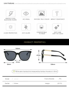 Detailed size chart for cat eye sunglasses showing lens dimensions and temple length