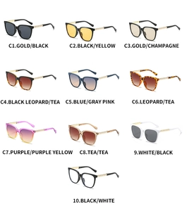 Detailed catalog of cat-eye sunglasses with luxury metal temples and multiple color options