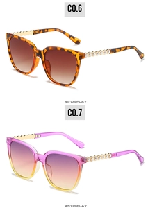 Detail view of cat eye sunglasses showing pearl and heart metal accents on frames