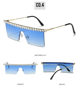 Trois vues de lunettes de soleil sans monture dégradé bleu avec strass et branches dorées
