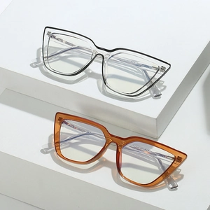 Retro cat-eye TR90 frames with blue light blocking lenses in contrast and amber colors