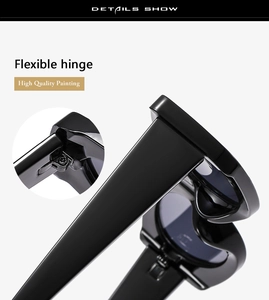 Detail view of durable flexible hinges and glossy black frame on cat eye sunglasses