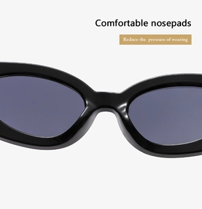 Close-up of comfortable nose pads on black cat-eye sunglasses to reduce pressure