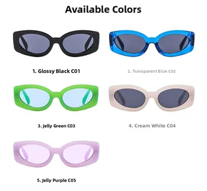 Flat lay of retro oval sunglasses in jelly colors including blue, green, and purple
