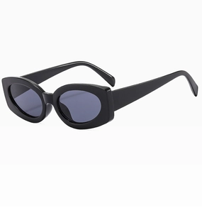 Side view of trendy thick-frame cat-eye sunglasses with polished black finish