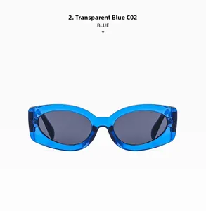 Detail view of transparent blue cat-eye sunglasses in retro oval shape with smoke lenses