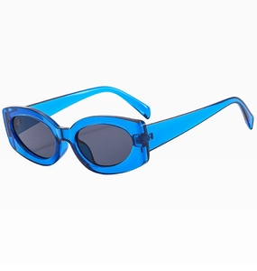 Side view of trendy blue jelly sunglasses with wide frames and oval lenses