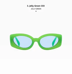 Detailed macro view of Jelly Green rectangular sunglasses frames with light blue lenses