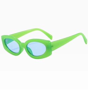 Macro view of vintage cat-eye sunglasses with neon green thick frames and blue lenses
