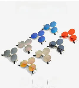 Three-lens metal frame sunglasses in vibrant blue, pink, orange, and silver finishes