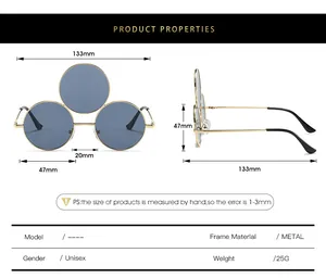 Detailed size chart for unique three-lens steampunk metal sunglasses with 133mm frame width