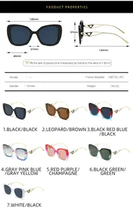 Tableau des tailles pour lunettes de soleil œil de chat avec monture en métal et PC