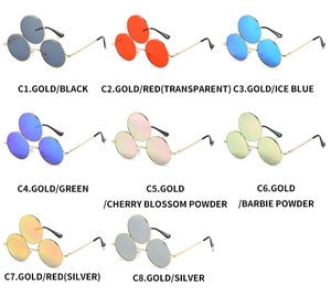 Detailed grid of funky three-lens round sunglasses in various vibrant lens colors