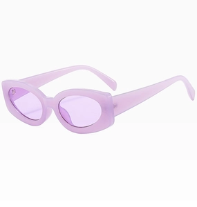 Detail view of stylish lavender oval sunglasses with thick jelly color frames at 45-degree angle