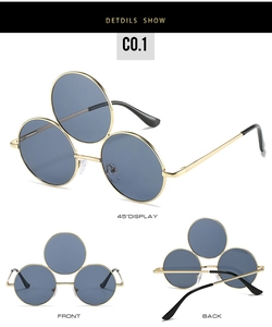 Detailed views of gold frame triple round lens sunglasses with deep grey lenses