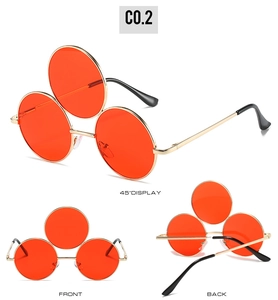 Three-lens steampunk sunglasses with gold metal frames and orange lenses from multiple angles