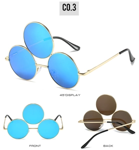 Three-lens steampunk sunglasses with gold metal frame and blue mirrored lenses