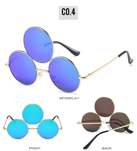 Three-lens steampunk sunglasses with gold metal frame and blue-purple mirrored lenses