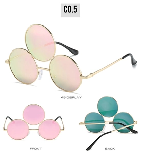 Three-lens steampunk sunglasses with gold metal frame showing front and back views