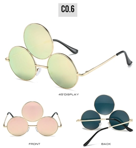 Detailed front and back views of creative three-lens round frame steampunk sunglasses