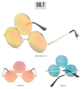 Three-lens steampunk sunglasses with gold metal frame and colorful mirrored lenses