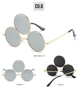 Three-lens steampunk sunglasses with gold metal frame showing front and side views