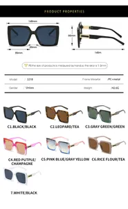 Detailed size chart and specifications for oversized square frame fashion sunglasses