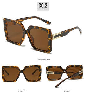 Three-view display of tortoise square sunglasses with gold temple accents on white background