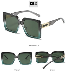 Detail view of square gradient frame sunglasses with golden metal side temples