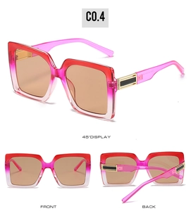Detailed views of square sunglasses with pink gradient frame and golden metal accents