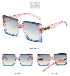 Detailed views of pink and blue gradient square sunglasses with gold temple accents