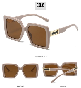 Three-angle display of square nude sunglasses with gold accents and dark brown lenses