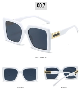 Collage showing 45-degree, front, and back views of white square frame sunglasses