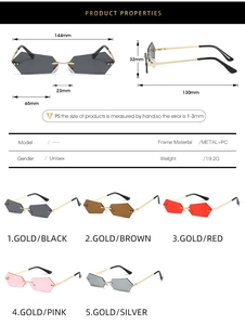 Detailed size chart and specifications for rimless geometric sunglasses with dimensions