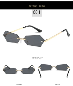Detailed front and back views of rimless geometric sunglasses with gray gradient lenses