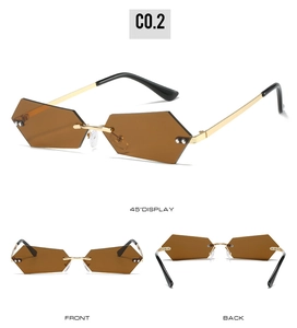 Detailed multi-angle view of rimless geometric sunglasses with brown lenses and gold frame