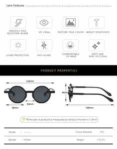 Infographic showing dimensions and UV400 features of retro round unisex sunglasses