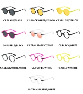 Grid display of vintage round sunglasses in ten vibrant assorted frame and lens colors