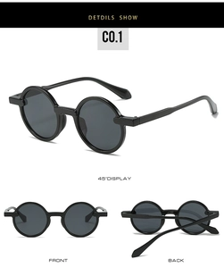 Three-view display of black round oversized sunglasses showing front and side angles