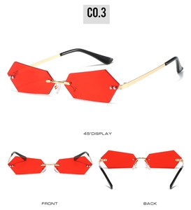 Detailed multi-angle views of rimless geometric sunglasses with red gradient lenses