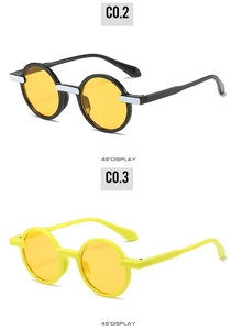 Detailed 45-degree view of retro round sunglasses in black-yellow and full yellow frames